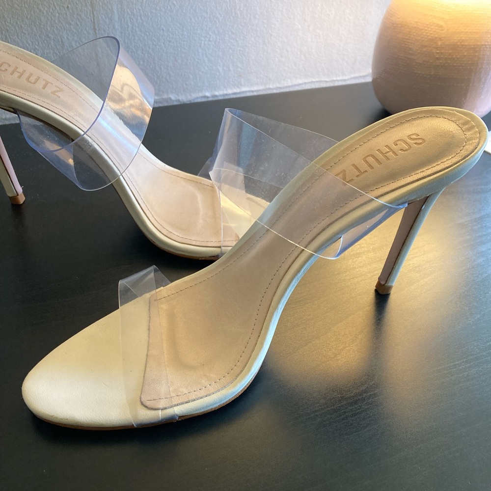 SCHUTZ Ariella Double Strap Slip on Heeled Sandal, Eggshell, Size 8